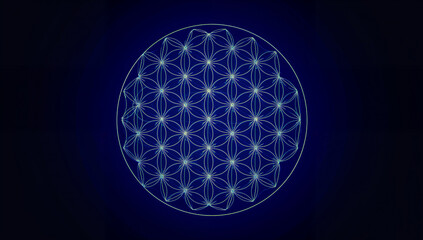 Sacred geometry symbol of the Flower of Life on a dark blue background