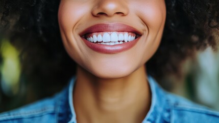 Close-up of a woman's radiant smile showcases her pearly white teeth and healthy pink lips, conveying joy and confidence. A perfect, bright smile.