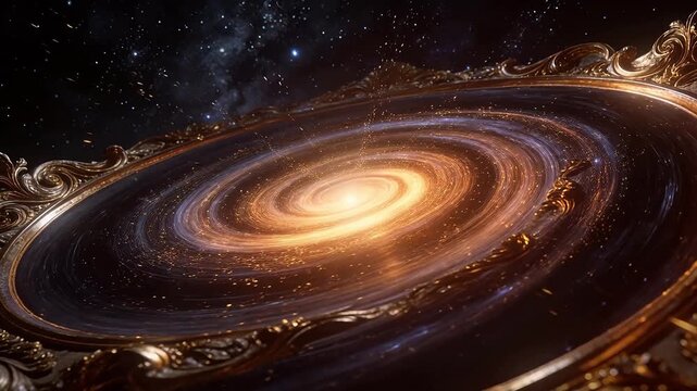 Spiral galaxy with bright core inside ornate oval frame in starry space