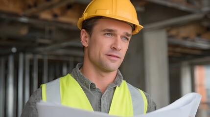 Construction worker wearing a hard hat and safety vest reviews building plans at a site