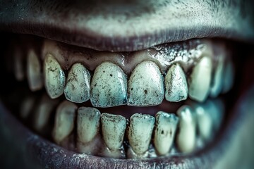 Extreme closeup of grungy teeth reveals poor dental hygiene in stark detail, evoking disgust and urging better self-care. Dental health matters.