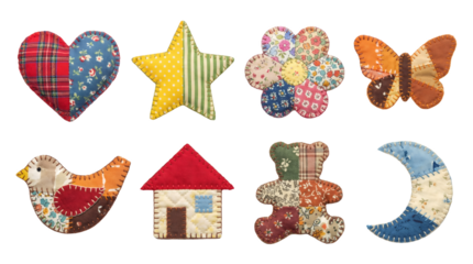 Patchwork fabric shapes set including heart, star, flower, butterfly, bird, house, bear, and moon isolated. Craft and textile sewing applique collection.