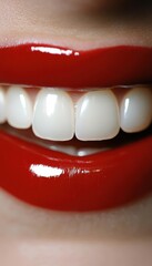 Close-up showcasing a person's smile, featuring glossy red lips and bright, white teeth, creating a striking and vivid visual impact.