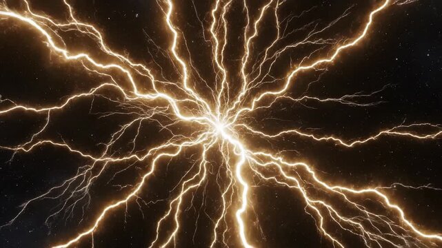 Electricity discharge with bright yellow lightning bolts on dark background 4k video