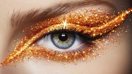 Striking eye makeup art with bright golden glitter applied around the eye, enhancing its natural beauty. The glitter adds drama and flair.