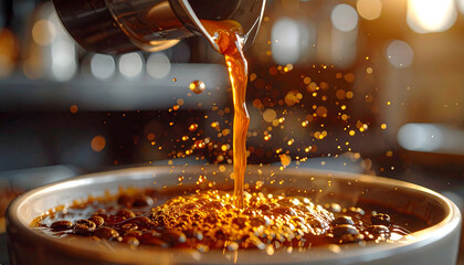 Dark Amber Coffee Pouring into a Ceramic Bowl Filled with Beans Creating Splashes and Bubbles With Warm Golden Sunlight Creating Bokeh Background Effect
