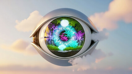 Silver robotic eye with colorful iris reflecting vibrant tropical forest scene with lush greenery and neon lights in cloudy sky