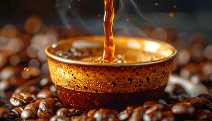 Dark Rich Coffee Poured Into A Textured Ceramic Cup Surrounded By Roasted Coffee Beans In A Moody Atmospheric Lighting Setting