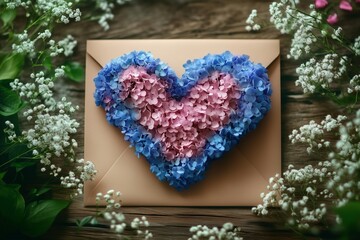 A heart-shaped arrangement of blue and pink flowers decorates a cream envelope resting on a light blue background, accented by sprigs of white blossoms on either side
