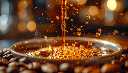 Rich Amber Coffee Pouring into a Textured Cup Amidst Roasted Beans with Warm Golden Bokeh Lights and Dynamic Splash Effect