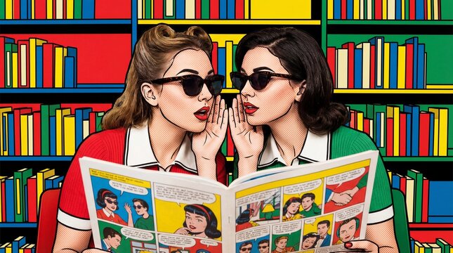 Two Women Wearing Sunglasses Reading a Comic Book While Whispering in a Colorful Library