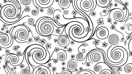Fototapeta premium Black and white swirling floral pattern with spirals and flowers.