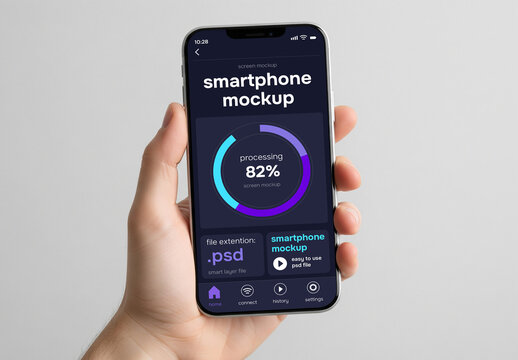 One hand holding a smartphone mockup