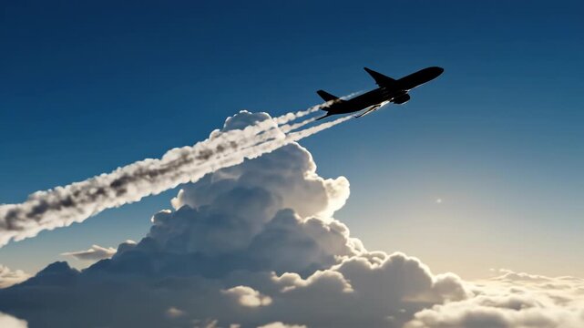 Airplane flying through clouds with contrails in the sky during daytime 4k video
