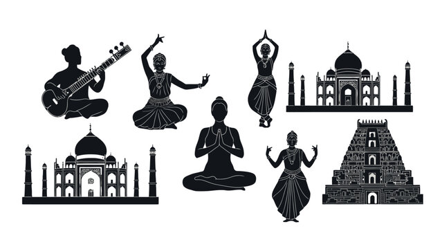 Indian cultural heritage silhouettes featuring iconic landmarks and traditional dance.