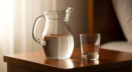 Minimalist still life of a clear glass pitcher filled with pure water and an empty glass on a bedside table in a warm morning light.