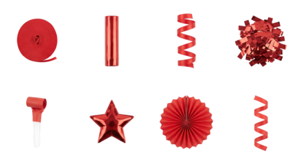 Red party decorations set including crepe paper, streamers, confetti, blower, star balloon, and paper fan isolated. Celebration and birthday event collection.