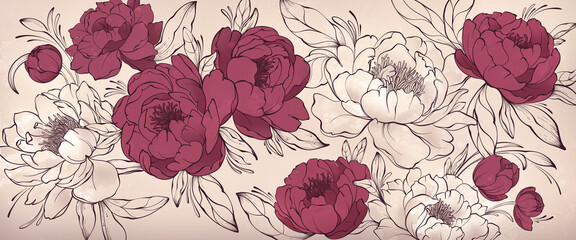 inventions drawing of flowers with leaves in an unfinished style with watercolor spots © foldyart1980