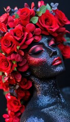 Woman adorned with roses and striking makeup, featuring dark glitter skin, red eyeshadow, and red lipstick for a captivating artistic look.