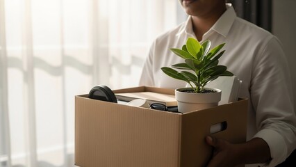 Man Holding Cardboard Box with Plant Office Relocation.