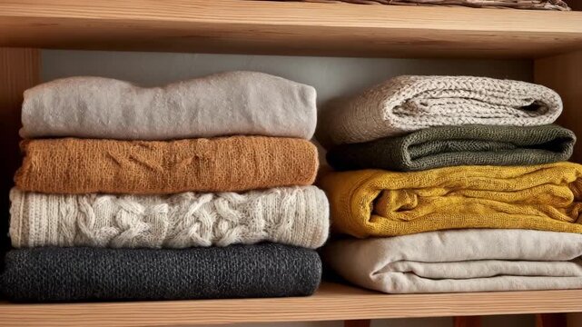 Medium shot of neatly folded linens stacked on wooden shelves showcasing organized textile storage in a cozy home setting.
