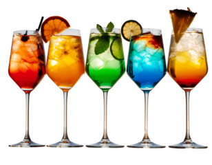 Five Colorful Cocktails with Fruit Garnish in Tall Glasses drinks beverages
