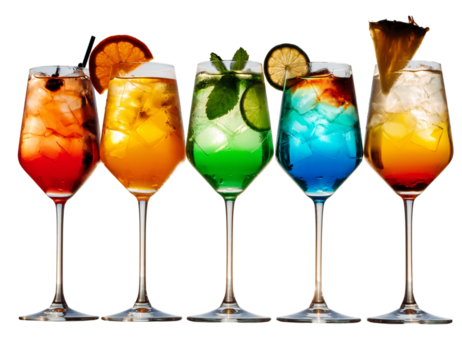 Five Colorful Cocktails with Fruit Garnish in Tall Glasses drinks beverages - Powered by Adobe
