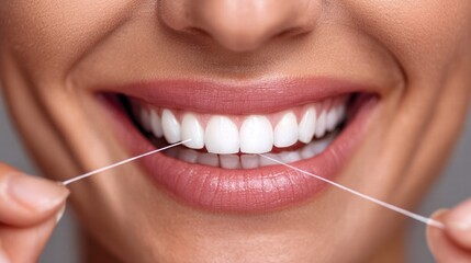 Woman flossing her teeth, showcasing healthy, white teeth and good oral hygiene.