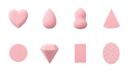 Pink makeup sponge set including heart, teardrop, gourd, triangle, round, diamond, rectangle, and oval shapes. Professional cosmetic applicator tools.