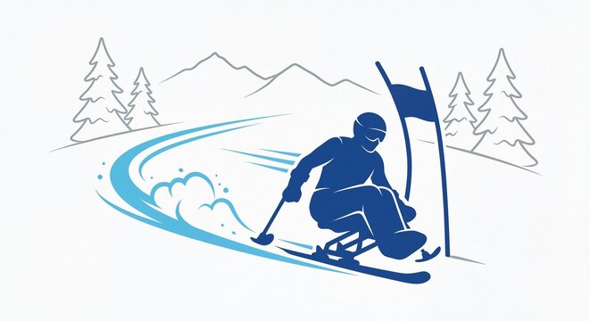 Para alpine skier racing downhill on snowy mountain slope