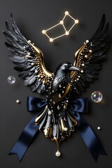 Obraz premium Elegant Black and Gold Raven Sculpture with Wings and Decorative Bow against Dark Background