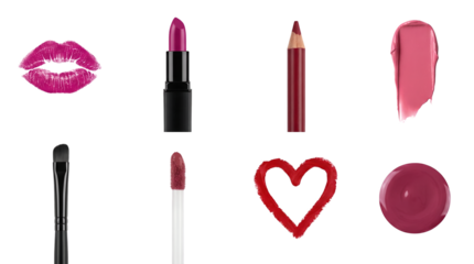 Lip makeup cosmetics set including lipstick tube, kiss mark, liner pencil, heart shape, brush, applicator, and liquid smears isolated. Beauty product collection.
