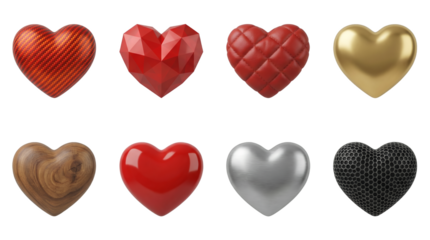 Heart shape set including carbon fiber, geometric, quilted, gold, wooden, glossy red, brushed metal, and honeycomb textures isolated. Valentine and love symbol collection.