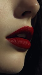 Close-up of a woman's face highlighting her full lips, painted with a vibrant red. The photograph showcases the contrast and the texture.