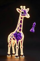 Playful Purple Giraffe Toy with Grapes and Chess Piece Against a Black Background