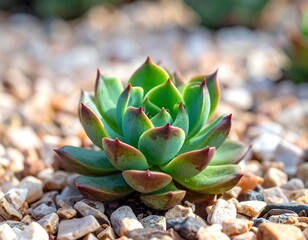 Fototapeta premium A close-up view of a vibrant succulent plant with layered green leaves, accented by red tips, resting on small, light-colored pebbles