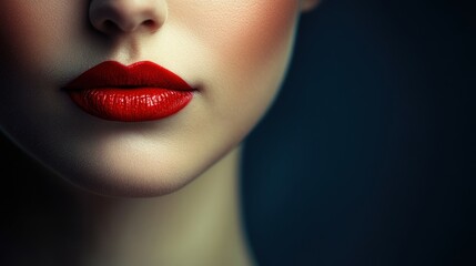 Close-up on a woman's face, focusing on her luscious red lips against a dark background, emphasizing beauty and elegance.