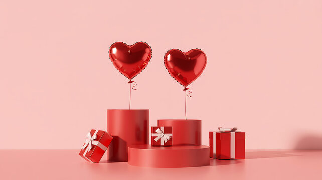 Red Heart Balloons and Gift Boxes on 3D Podium Display for Valentine&rsquo;s Day Marketing