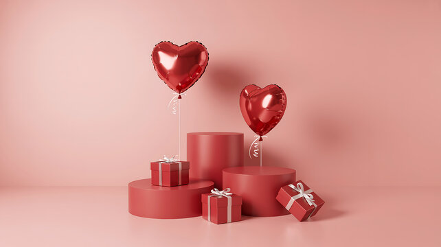 Valentine's Day Product Podium with Red Heart Balloons and Gift Boxes on Pink Background