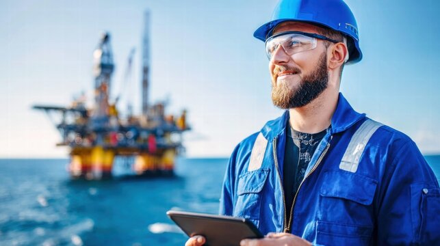 A smiling engineer stands in front of an offshore oil rig, using a tablet.