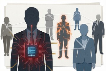 Abstract visualization of cybersecurity concepts with interconnected business figures illustrating data protection strategy and digital security threats within modern corporate environments
