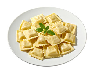 Square Ravioli Pasta with Creamy Filling on a White Plate with Basil italian food