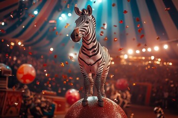 Under bright lights, a zebra balances gracefully on a sparkling ball as colorful confetti falls around it. The atmosphere is lively with an audience captivated by the performance
