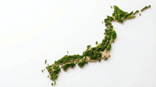 日本地図の3Dイラスト。木と苔のナチュラルな質感とコピースペース
