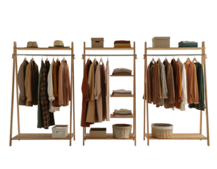 Three Wooden Clothing Racks with Assorted Apparel and Accessories on Black Background wardrobe
