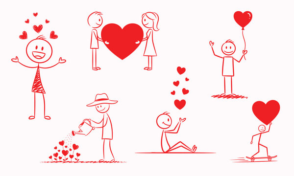 Valentine Stick Figure Love Illustration Set with Hearts, Cute Romantic Couple and Character Collection Artwork for Valentine Designs