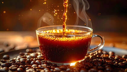 Warm Dark Coffee Being Poured Into A Clear Glass Mug Surrounded By Roasted Coffee Beans With Steam Rising In A Soft Lit Amber Environment
