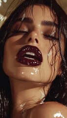 A close-up of a woman with closed eyes, glossy maroon lips, and wet hair, bathed in golden light, showcasing dewy skin and a sensual allure.