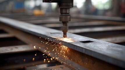 Close up of a metal cutting torch precisely slicing through a thick steel bar generating intense sparks and light in an industrial workshop