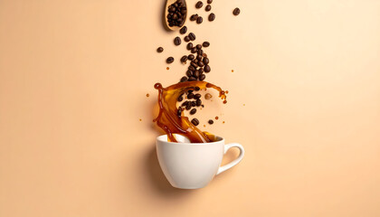 White ceramic cup with a dark brown coffee splash and falling roasted beans against a smooth beige studio background with soft lighting showcasing a dynamic beverage presentation